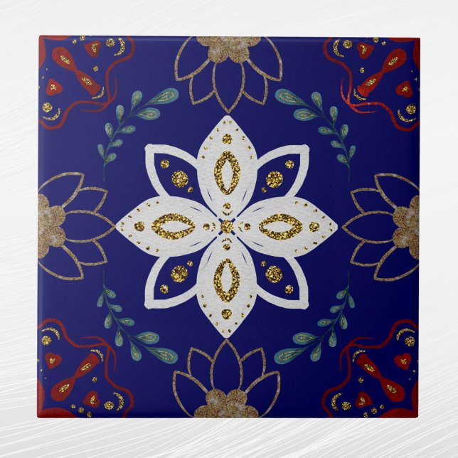 Carreau Nordique Marine Floral Design Aquarelle Folk Art (Créateur téléchargé)