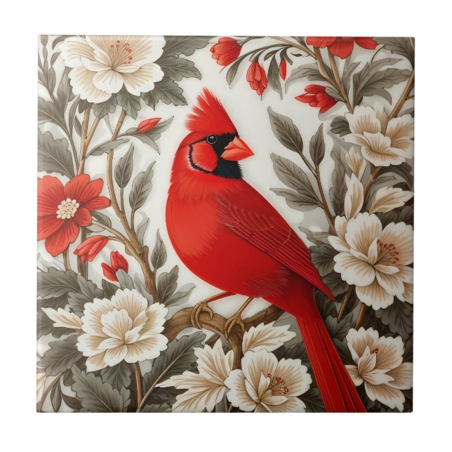Carreau Northern Cardinal Bird Beautiful Floral (Devant)