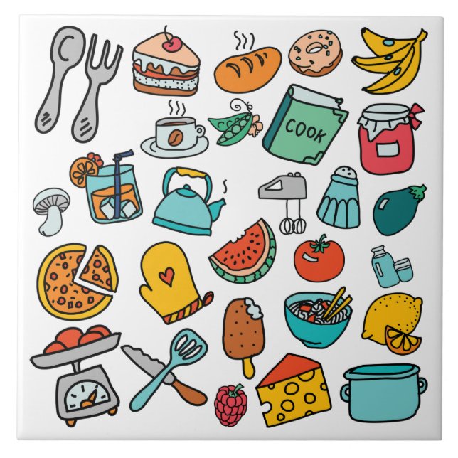 Carreau Nourritures et outils tirés par la main de cuisine (Devant)
