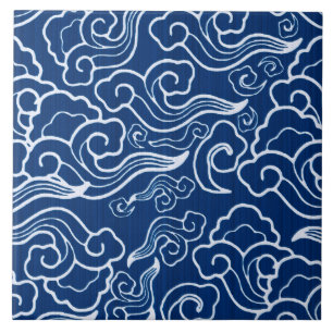 Carreau Nuages japonais vintages, bleu de cobalt et blanc