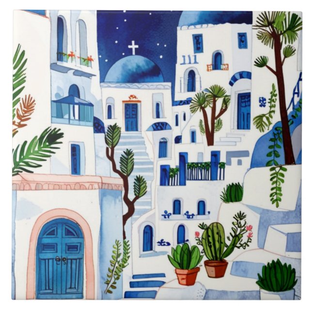 Carreau Nuit Santorin Grèce Aquarelle Bleu Blanc Grec (Devant)