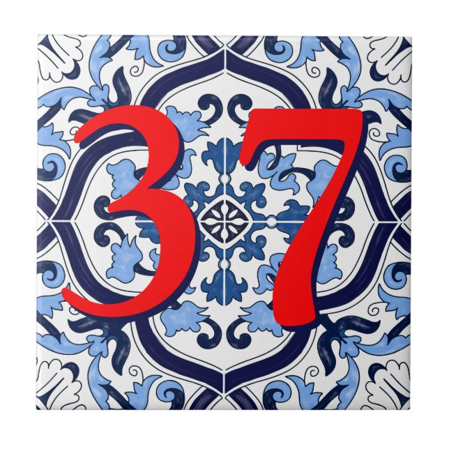 Carreau Numéro de la maison bleue Ornate Floral Sicilien (Devant)