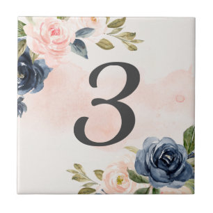 Carreau Numéro de maison floral rose marine aquarelle