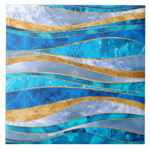 Carreau Océan Blue Gold Métallic Wavy Abstrait
