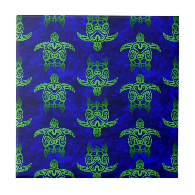 Carreau Ocean Blue Tribal Green Sea Turtles (Devant)