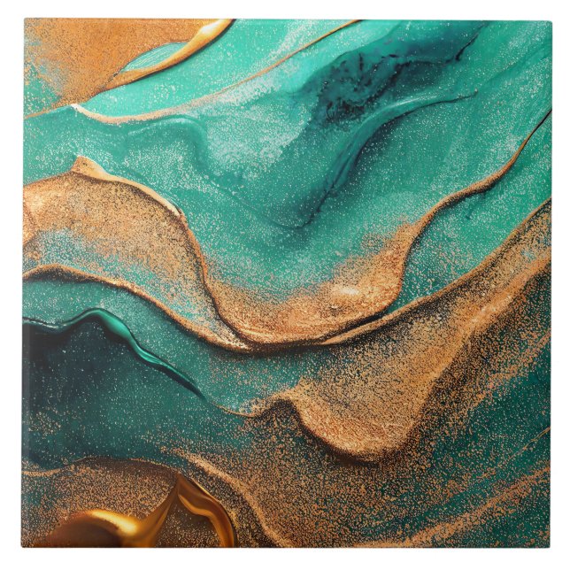 Carreau Océan Turquoise et bronze Abstrait Art (Devant)