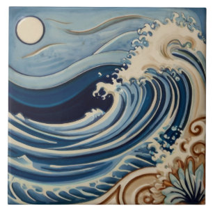 Carreau Ocean Waves Blue and White Sea by Moonlight