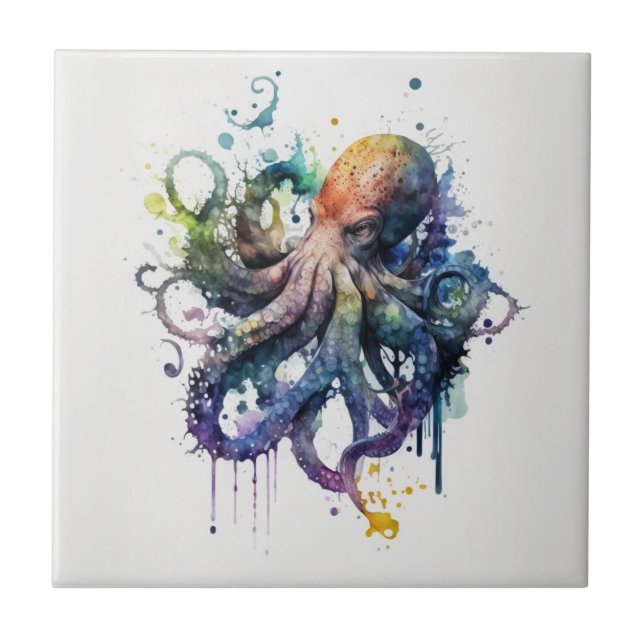 Carreau Octopus, Aquarelle, Carrelage en céramique (Devant)