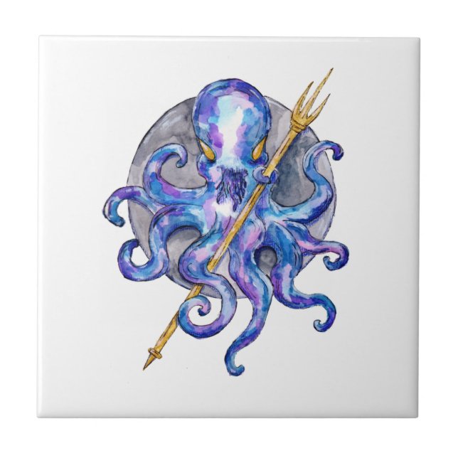 Carreau Octopus mauve et bleu avec trident (Devant)