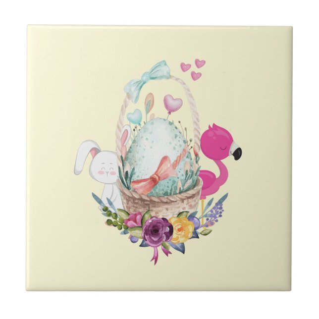 Carreau Oeuf mignon, Flamant rose rose et lapin, Aquarelle (Devant)