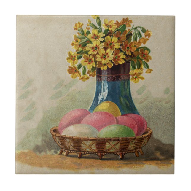 Carreau Oeufs Pâques Panier Fleurs Antique (Devant)
