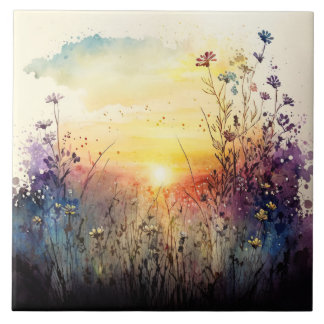 Carreau Œuvre d'art à l'aquarelle sur le coucher de soleil