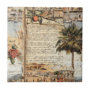 Carreau Œuvre d'art méditerranéenne vintage avec palmier e