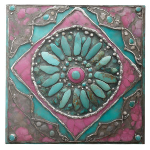 Carreau Œuvre d'art mosaïque mandala bohème turquoise et r