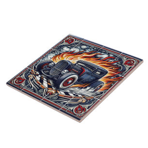 Carreau Oeuvre de voiture Vintage avec flammes de feu sur 