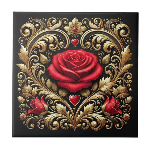 Carreau Oeuvre luxueuse Red Rose et Gold Heart (Devant)