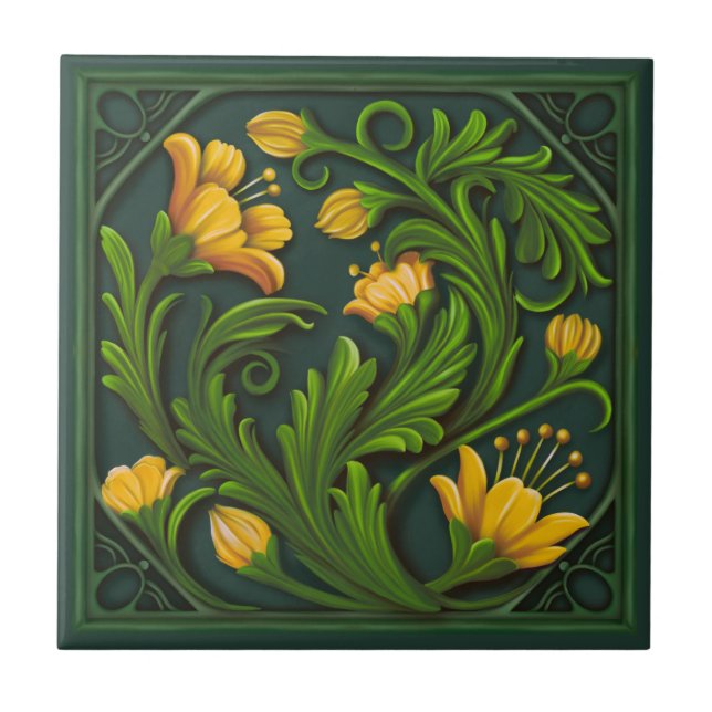 Carreau Oeuvre originale Fleurs vertes et jaunes (Devant)