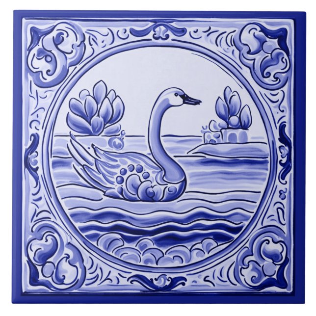 Carreau Oie de cygne bleue et blanche Art folklorique médi (Devant)