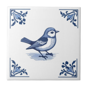 Carreau Oiseau aux coins floraux bleu et blanc