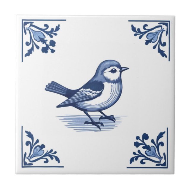 Carreau Oiseau aux coins floraux bleu et blanc (Devant)