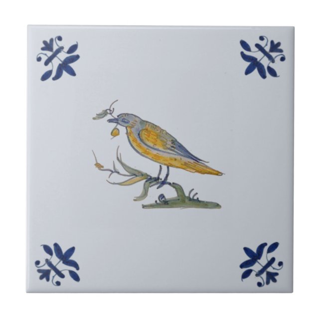 Carreau Oiseau avec Berry Delft Repro Peint à la main c. 1 (Devant)