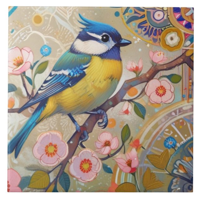 Carreau Oiseau bleu Tit avec touft Fleurs de printemps ros (Devant)