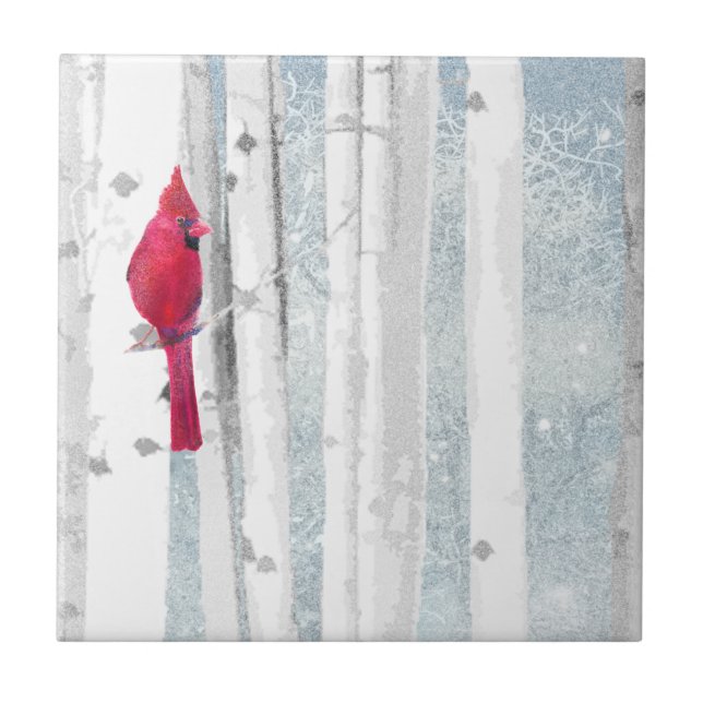 Carreau Oiseau cardinal rouge dans un magnifique Birch Tre (Devant)