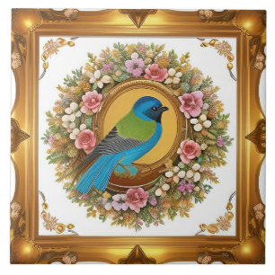 Carreau Oiseau chanteur élégant perché sur une branche flo