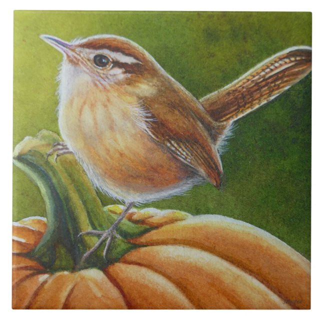 Carreau Oiseau d'automne Wren sur Orange Citrouille aquare (Devant)