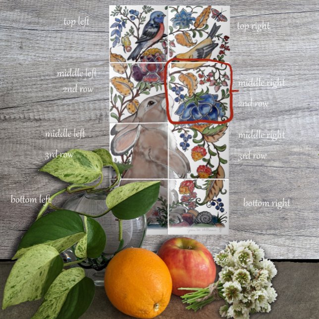 Carreau Oiseau de lapin Jacobean tuile florale murale 8pc  (Créateur téléchargé)