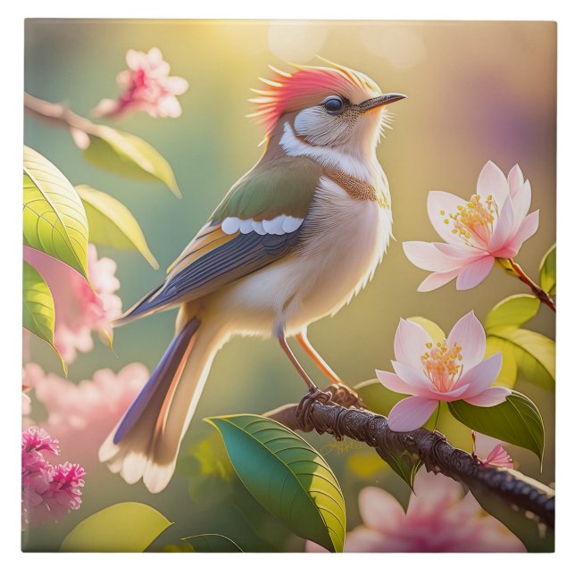 Carreau Oiseau de Paruline Imaginaire à tête rouge (Devant)