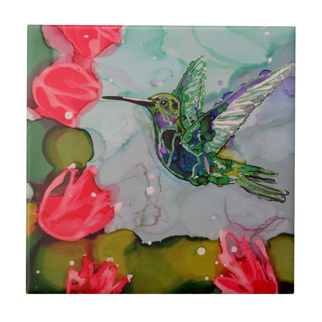 Carreau Oiseau de ronflement et fleurs rouges (Devant)