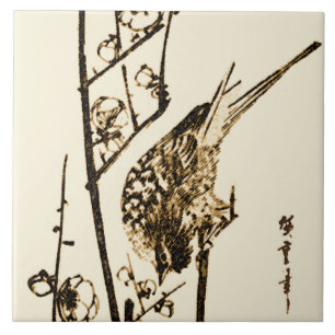 Carreau Oiseau japonais sur une branche - Brun et beige