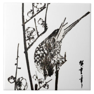 Carreau Oiseau japonais sur une branche - noir et blanc