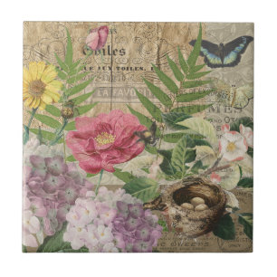 Carreau Oiseau Nid Floral Jardin Fleur Papillon Art