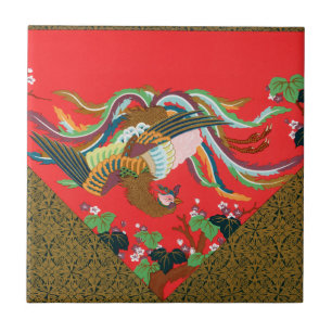 Carreau Oiseau Phoenix Rouge Japonais Vintage Art G.A. Aud