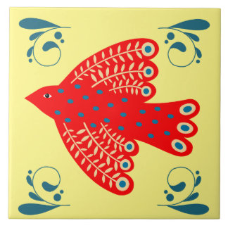 Carreau oiseau rouge folklorique sur fond jaune à droite