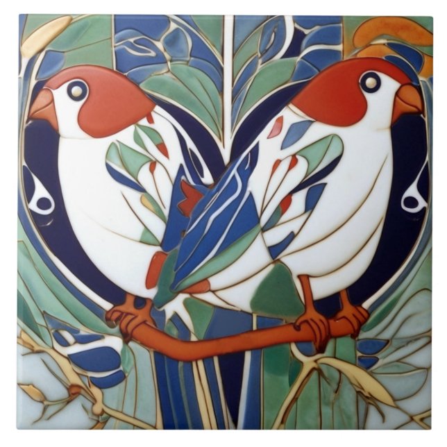 Carreau Oiseaux Art Nouveau Art Déco en Rouge Blanc Bleu V (Devant)