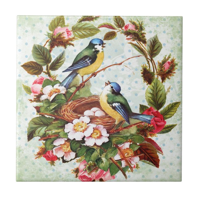 Carreau Oiseaux bleus vintages et fleurs (Devant)