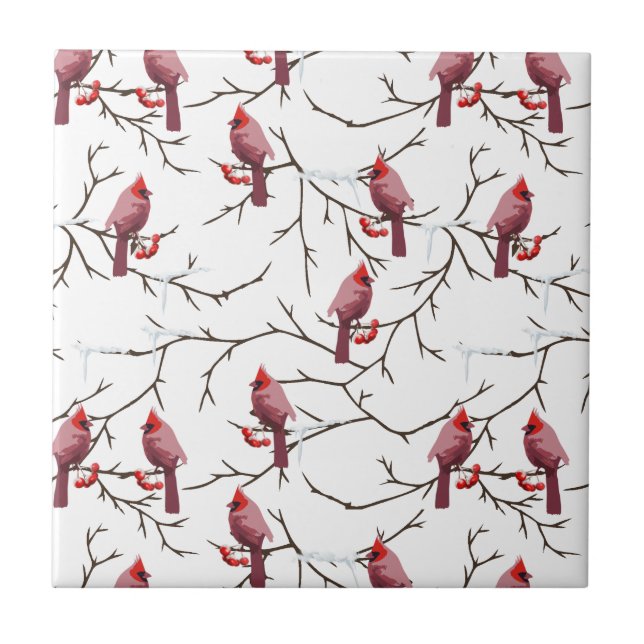 Carreau Oiseaux cardinaux, cerises d'hiver et Motif de nei (Devant)