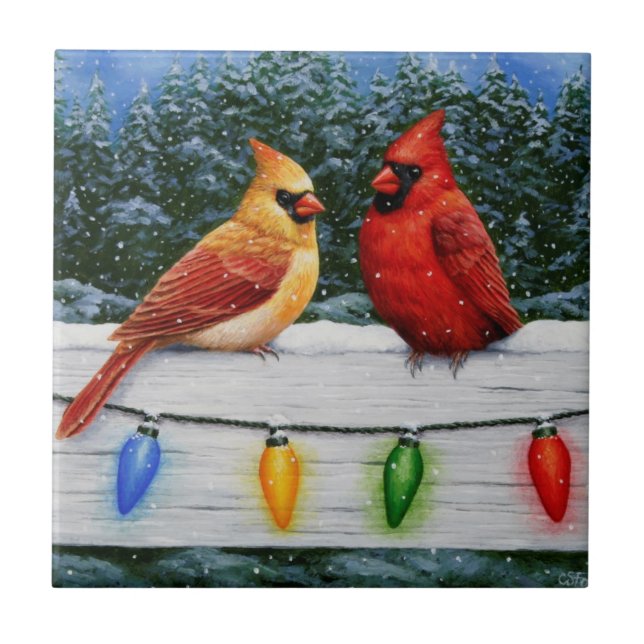 Carreau Oiseaux cardinaux et lumières de Noël (Devant)