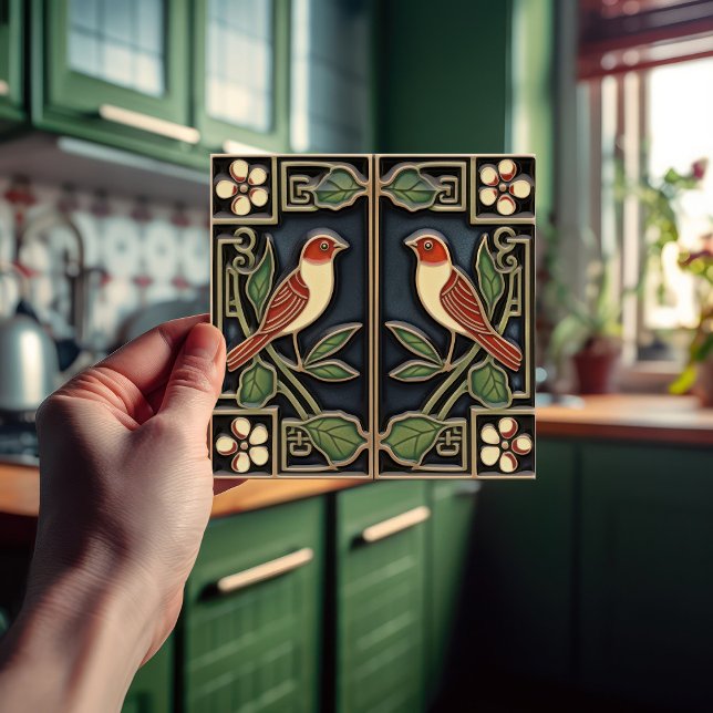 Carreau Oiseaux Cardinaux Fleurs Art Déco Nouveau Décor Mu (Créateur téléchargé)