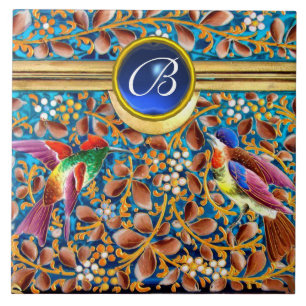 CARREAU OISEAUX COLORÉS ET ÉPAULES FLORALES MONOGRAMME DE 