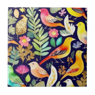Carreau Oiseaux colorés motifs floraux décor bleu