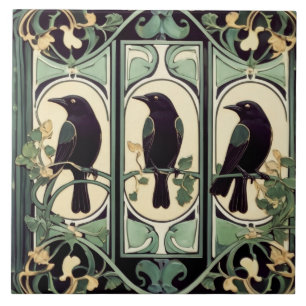 Carreau Oiseaux de corneille noire verte Art Nouveau Art D
