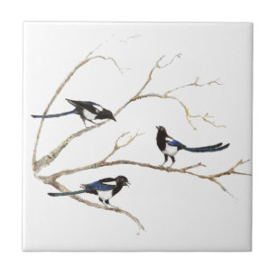 Carreau Oiseaux de famille de pie d'aquarelle dans l'arbre