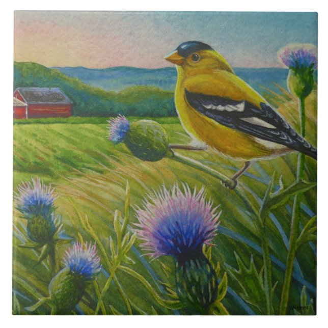 Carreau Oiseaux de Goldfinch Chardons Ferme d'été Aquarell (Devant)