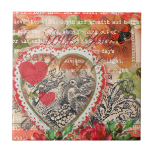 Carreau Oiseaux de l'amour Cœur Rouge Collage d'art