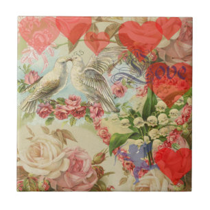 Carreau Oiseaux de l'amour Vintage Antique Cœur