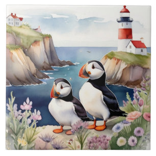 Carreau Oiseaux de Puffin sur la côte avec phare